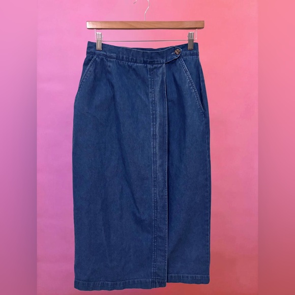 Talbots Vintage 90s Y2K Preppy Basic Blue Denim Maxi Wrap Skirt - Petite Size 10 - Picture 2 of 7